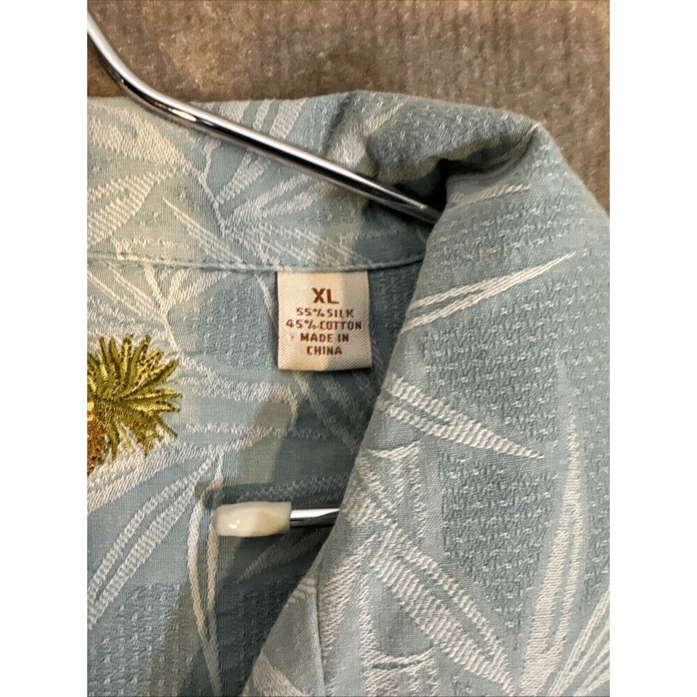 Caribbean Men Hawaiian Shirt Blue Silk Blend Short Sleeve Button Up XL