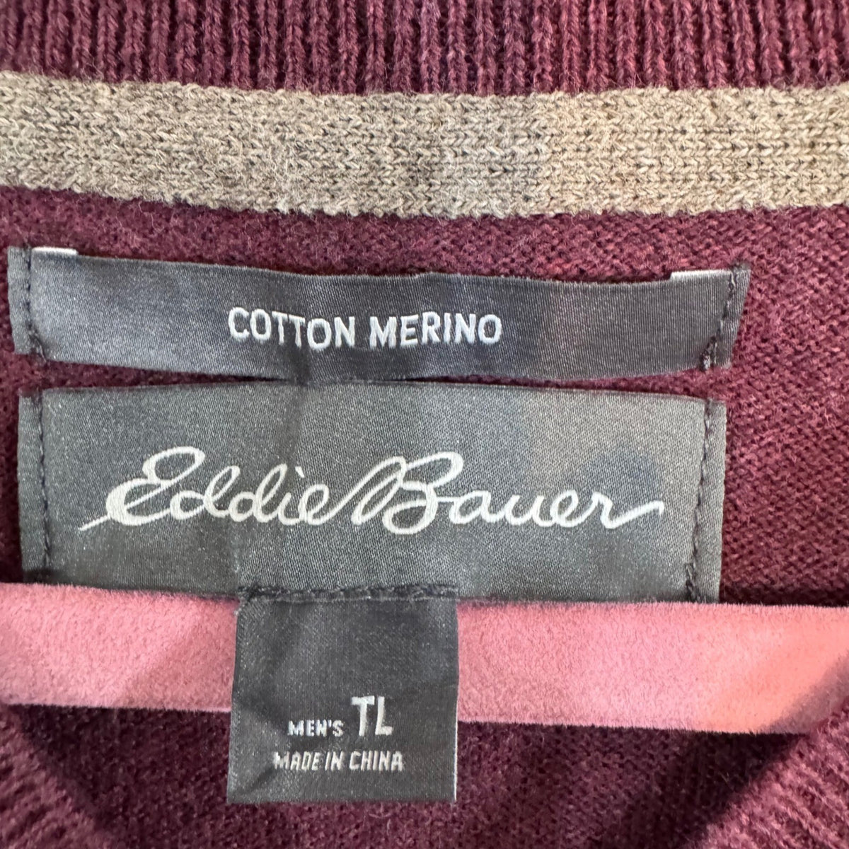 Eddie Bauer V Neck Sweater Mens TL Maroon Cotton Merino Wool Blend Tall Burgundy