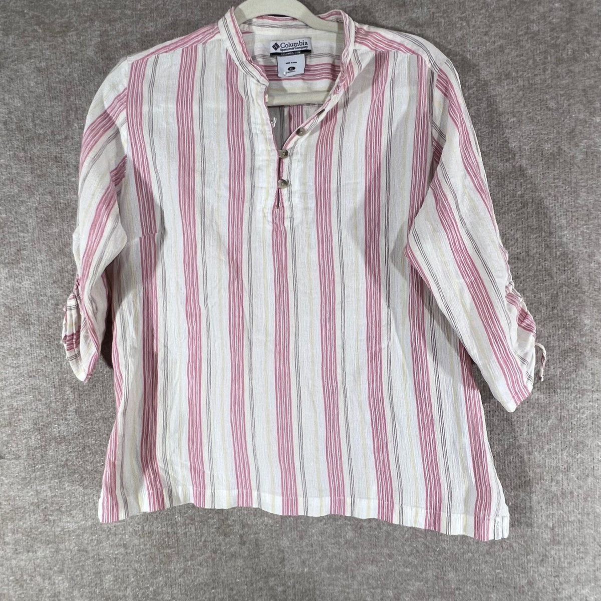 Columbia Henley Top Womens XL Pink White Striped Cotton Ruched Sleeve Minimalist