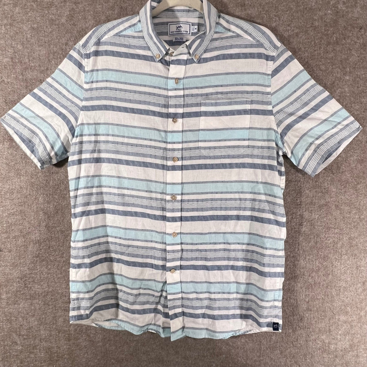 Southern Tide Button Down Shirt Mens Medium Blue Striped Linen Blend Coastal