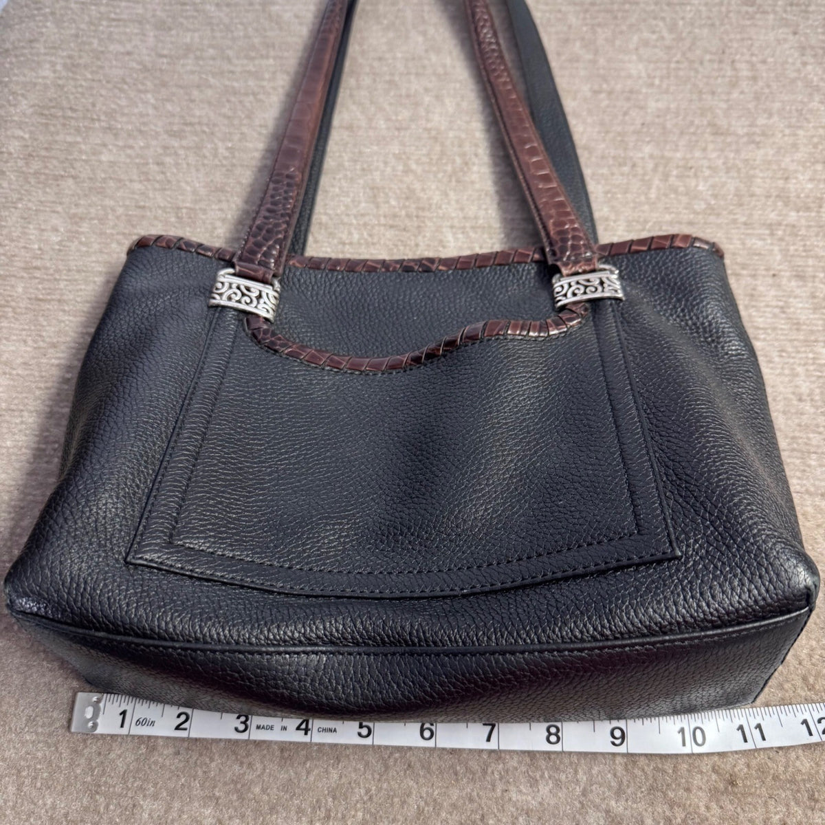 Brighton Leather Tote Bag Womens Black Brown Croc Trim Silver Hardware Classic