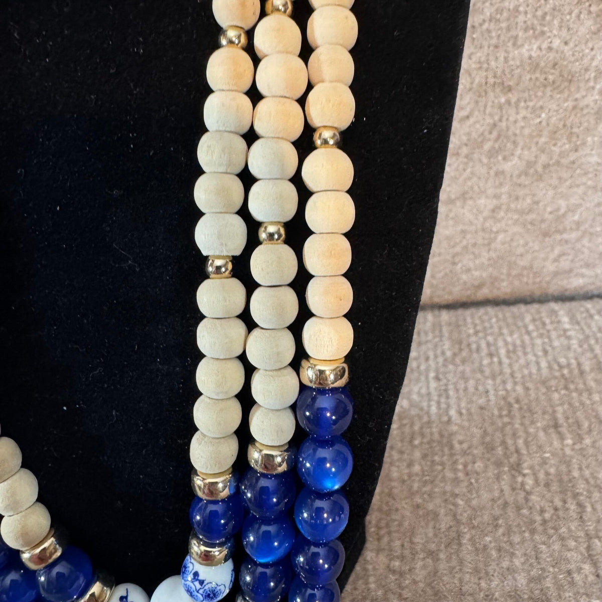 Multi Strand Beaded Necklace Women OS Blue White Wood Ceramic Statement Coastal