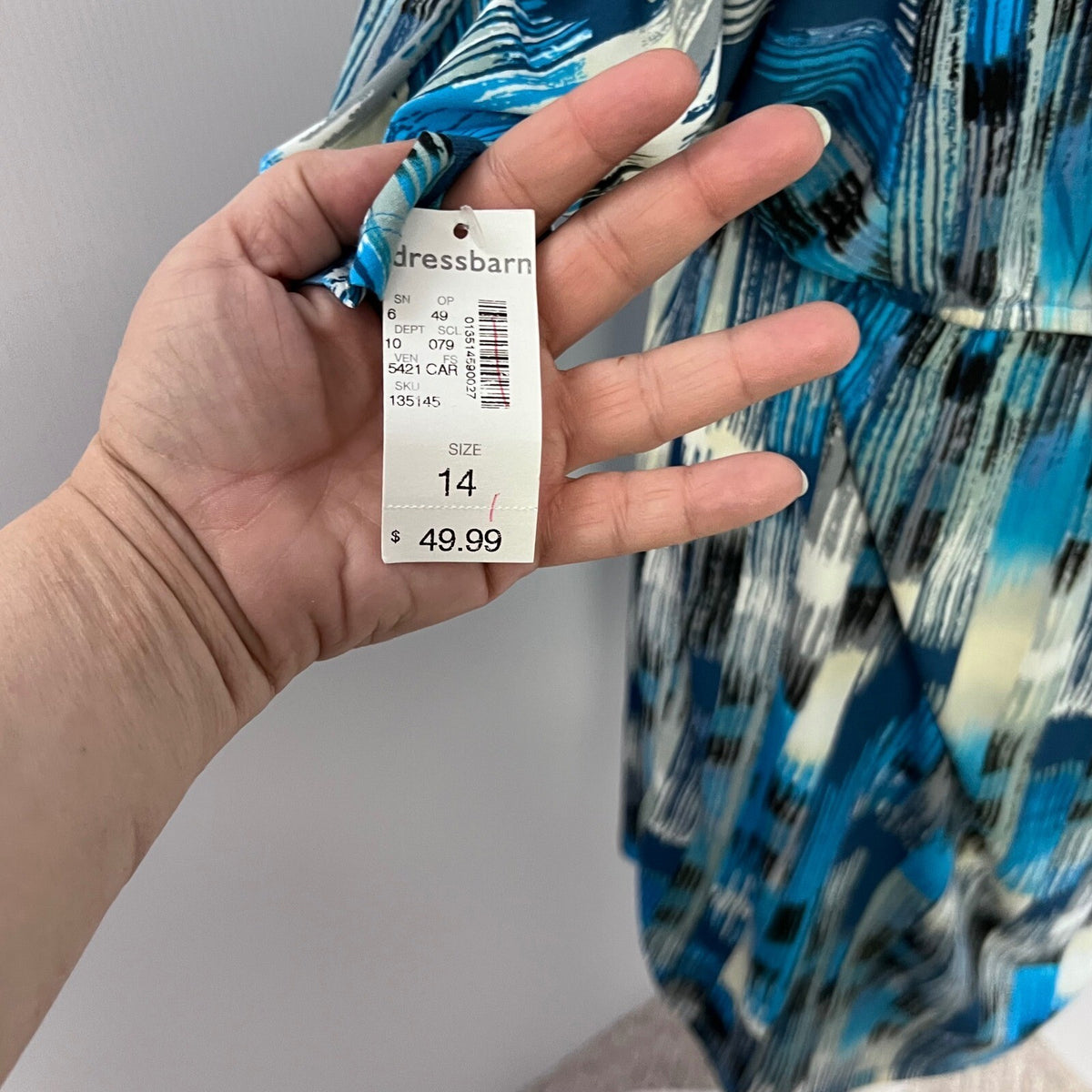 NWT Dressbarn Abstract Print Surplice 3/4 Sleeve Midi Dress Sz 14 Stretch Career