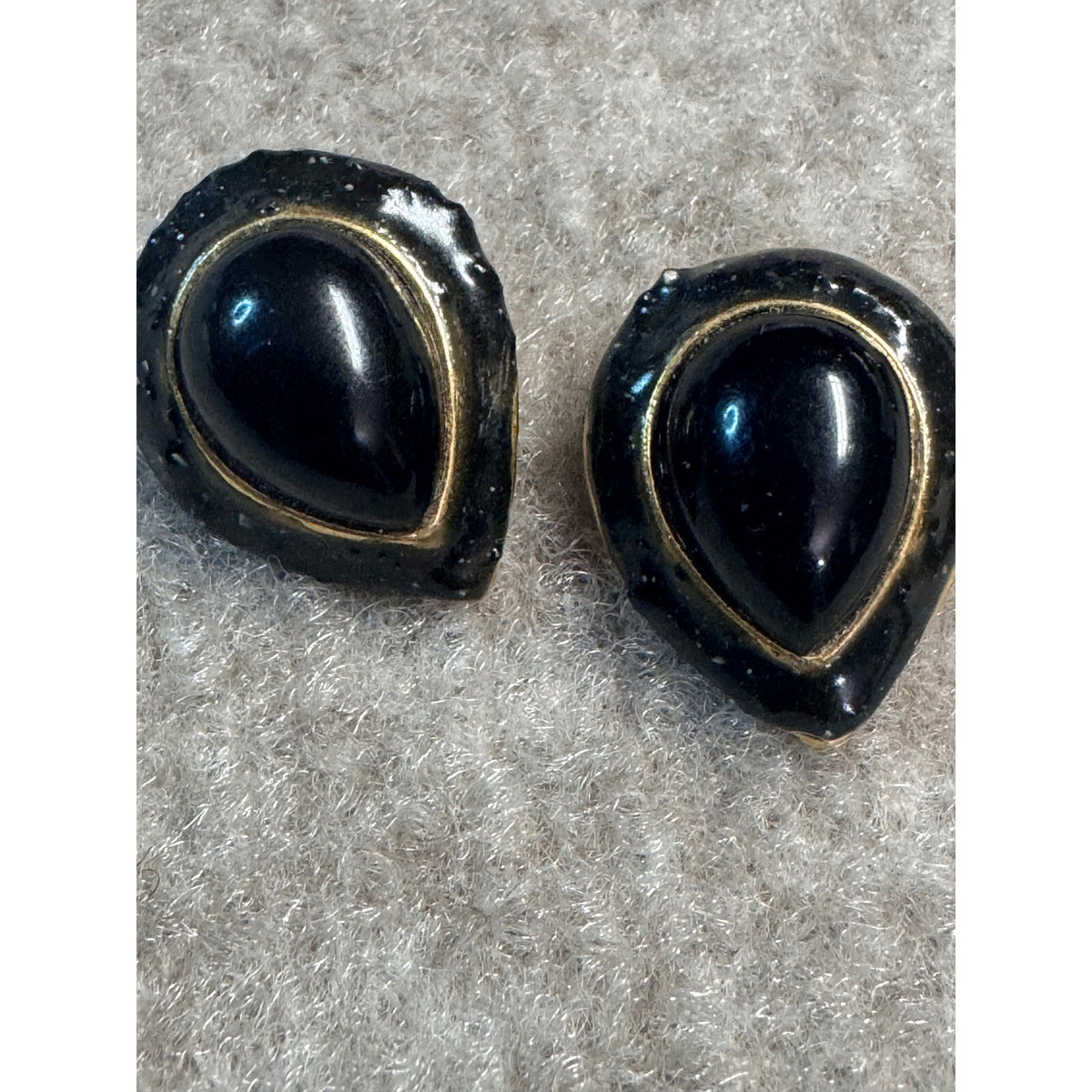Vintage Earrings x2 Black Enamel Gold Tone Teardrop Hoop Lot
