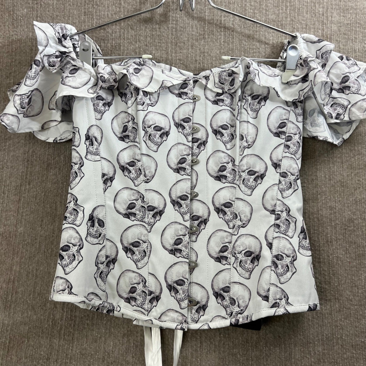 Corset Story L UK 16 / 30" Skull Print Boned Corset Off Shoulder Gothic Punk Alt