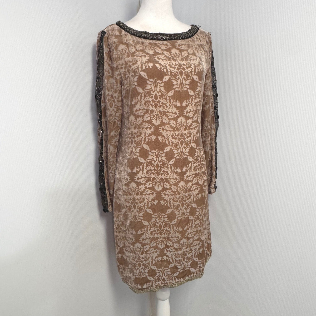 Vintage Velvet Damask Sundance Shift Dress Womens 6 Beaded Trim Long Sleeve Boho