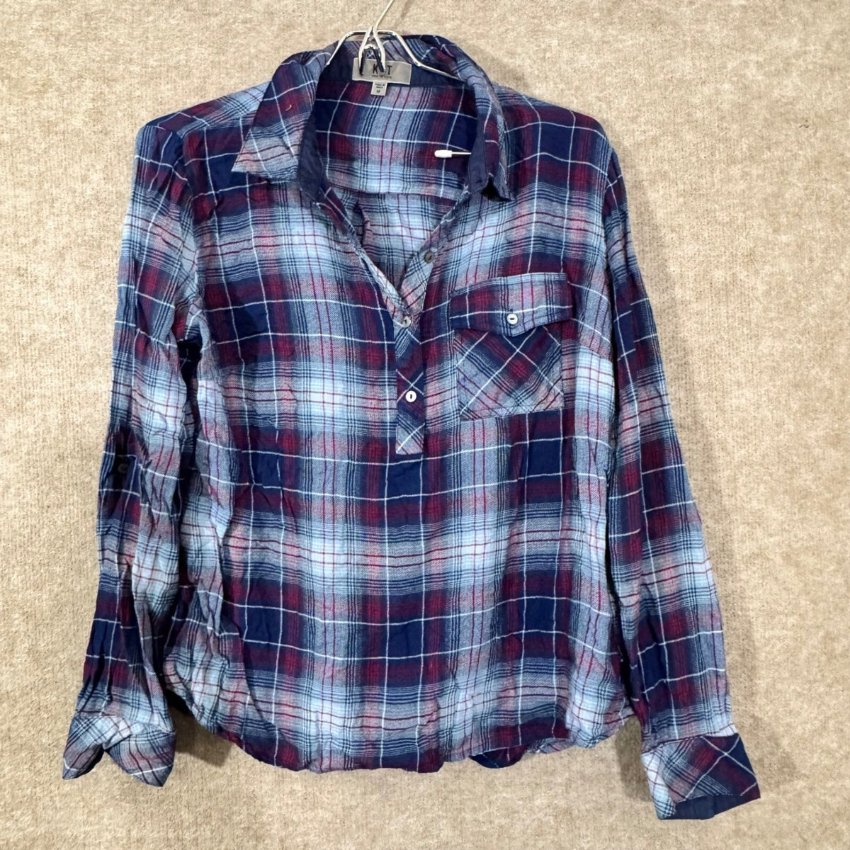 KUT from the Kloth Plaid Button Down Top Womens Size M Blue Red Rayon Boho