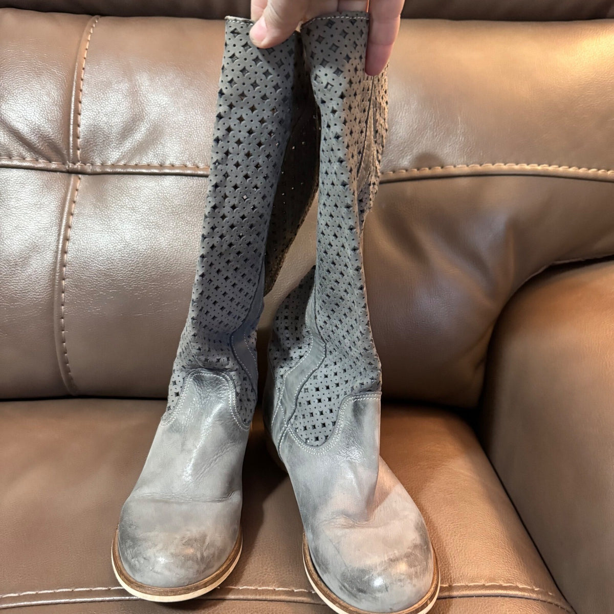 Deky Perforated Leather Tall Boots Women Size 37 Gray Distressed Boho Laser Cut