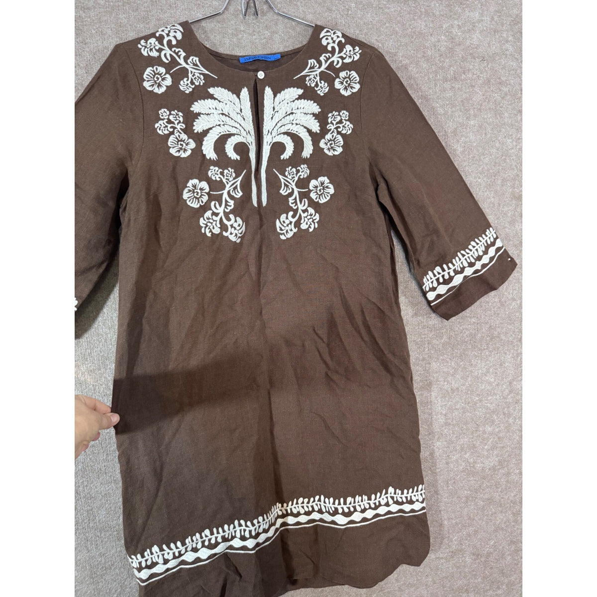 J McLaughlin Ubud Dress Womens S Brown Linen Embroidered Palm Leaf Tunic