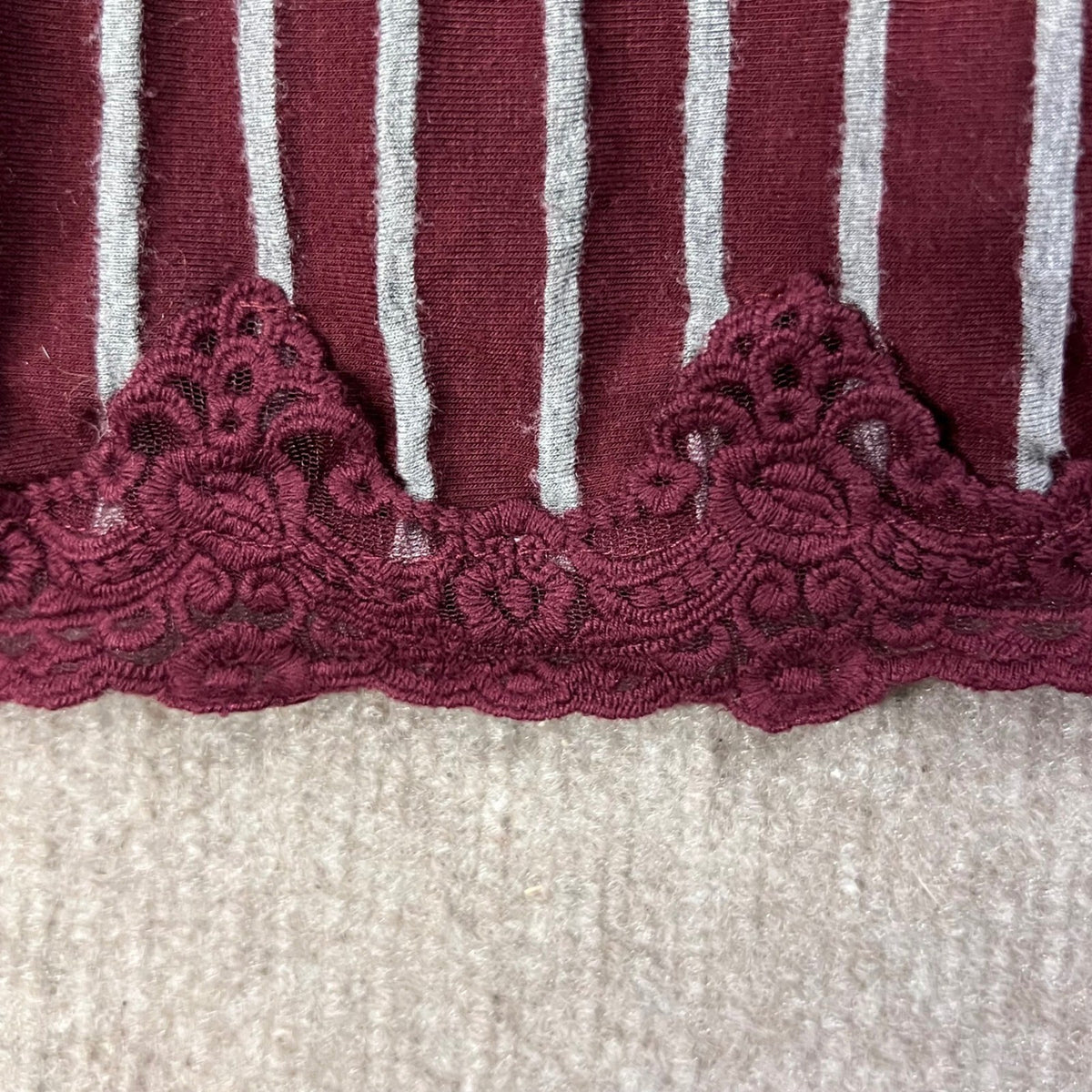 Wallflower 3X Peplum Top Plus Size Burgundy Stripe Long Sleeve Lace Trim