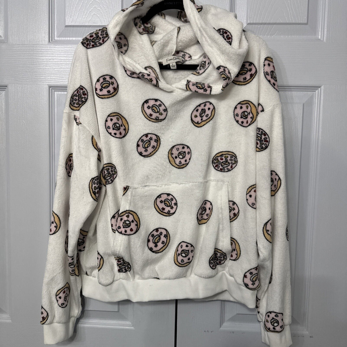Faded Rose Donut Fleece Hoodie Women Large White Soft Plush Loungewear Cozy