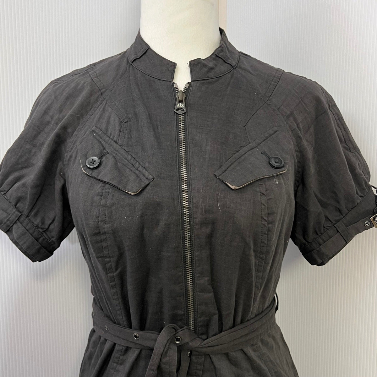 Armani Exchange A|X Black Utility Dress Sz 6 Zip Front Short Sleeve Belted