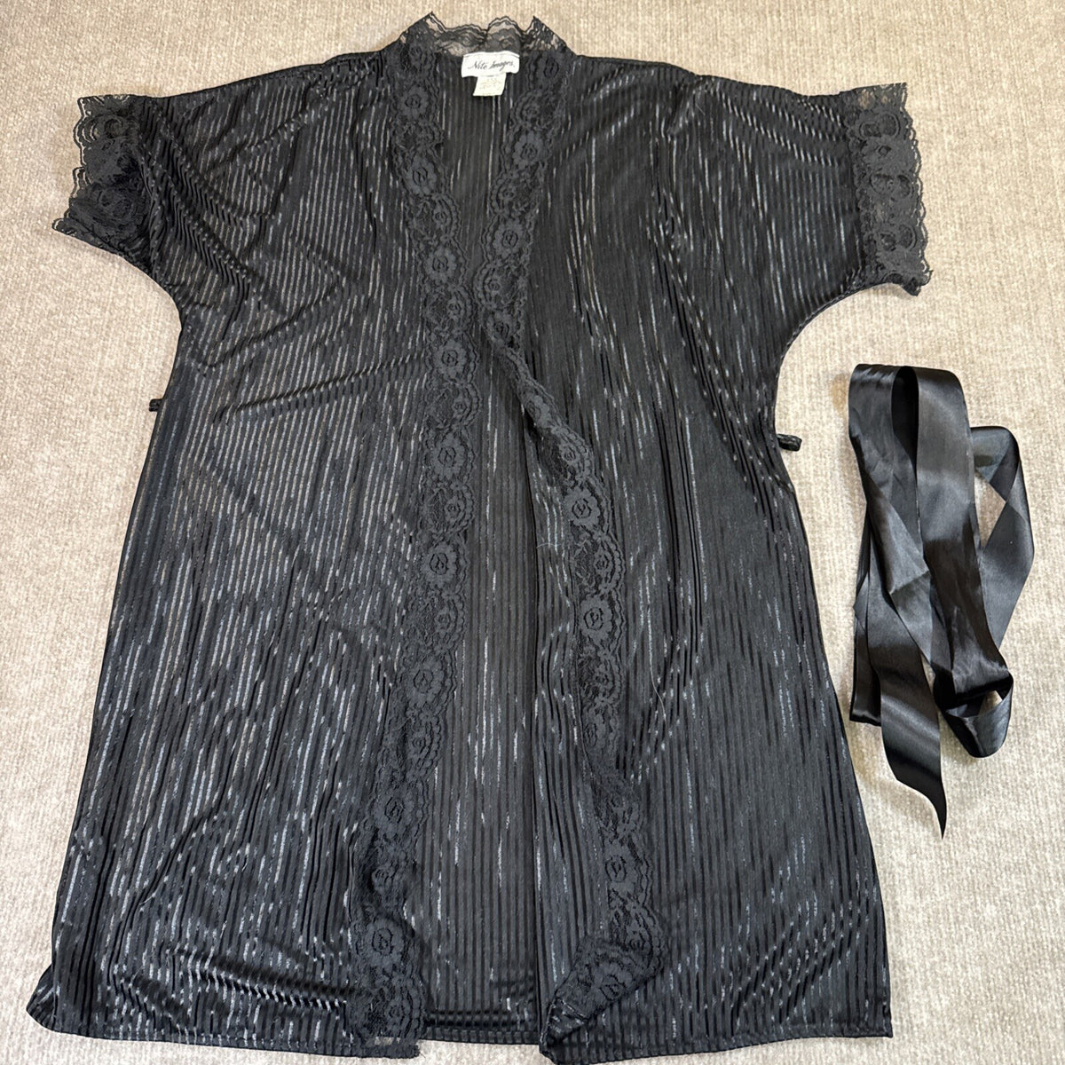 Nite Images Black Sheer Striped Lace Trim Kimono Robe Tie Belt Size Small