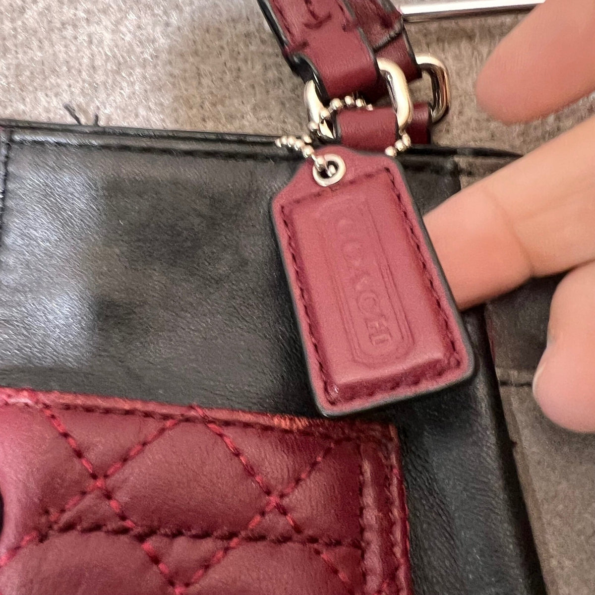 Coach Satchel Handbag Women Small Black Leather Suede Quilted Red Crossbody