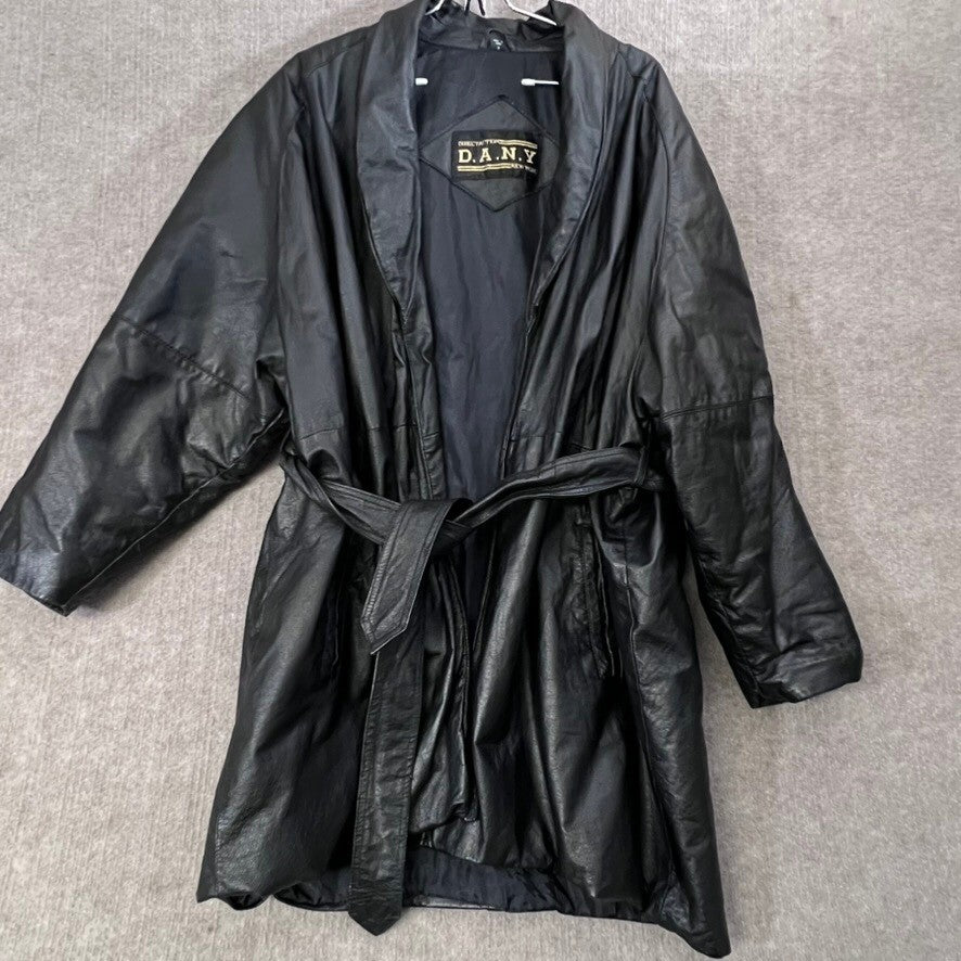 DANY New York Leather Trench Coat Belted Black Medium Womens Jacket