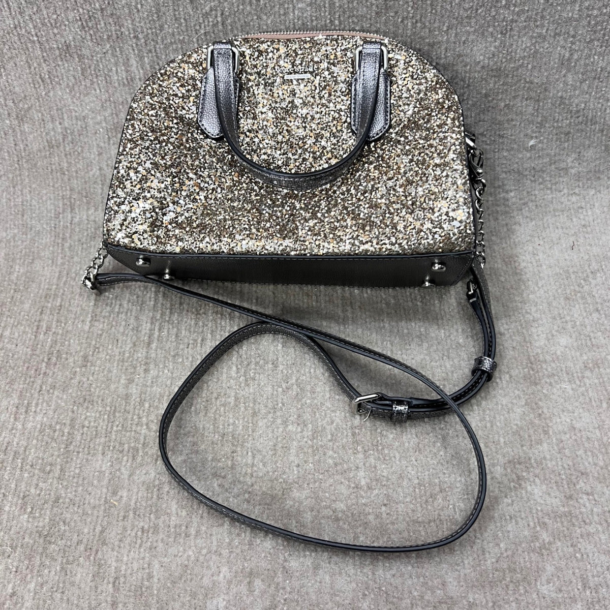Kate Spade Glitter Dome Satchel Crossbody Bag Sparkle Silver Chain Strap FLAW