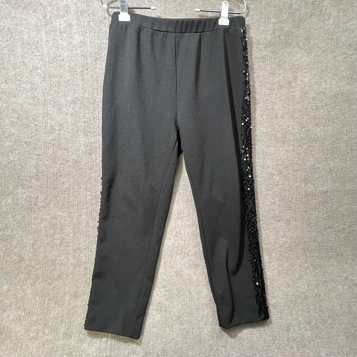 SHEIN Black Sequins Side Stripe Cropped Pants Elastic Waist 12