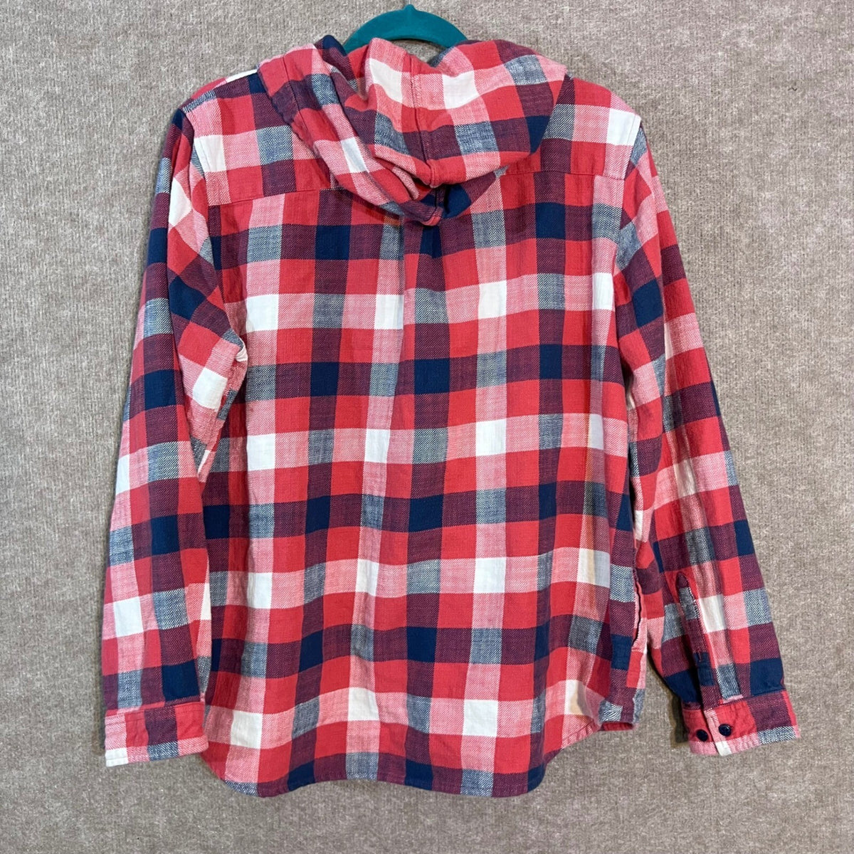LL Bean Plaid Flannel Hoodie Women Large Red Navy Blue Cotton Button Up Gorpcore