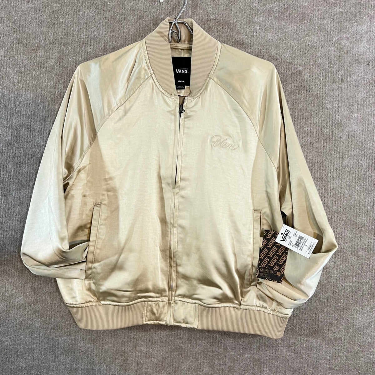 Vans Bomber Jacket Womens Medium Gold Satin Full Zip Embroidered Logo Streetwear