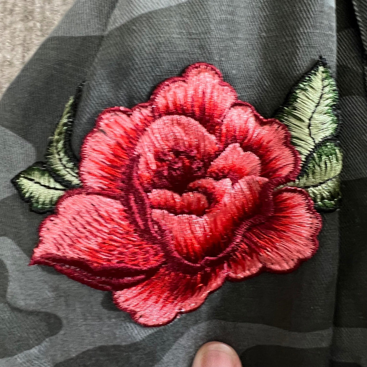 RAILS Women Lg Camo Military Jacket Rose Patch Embroidered Utility Cotton Blend