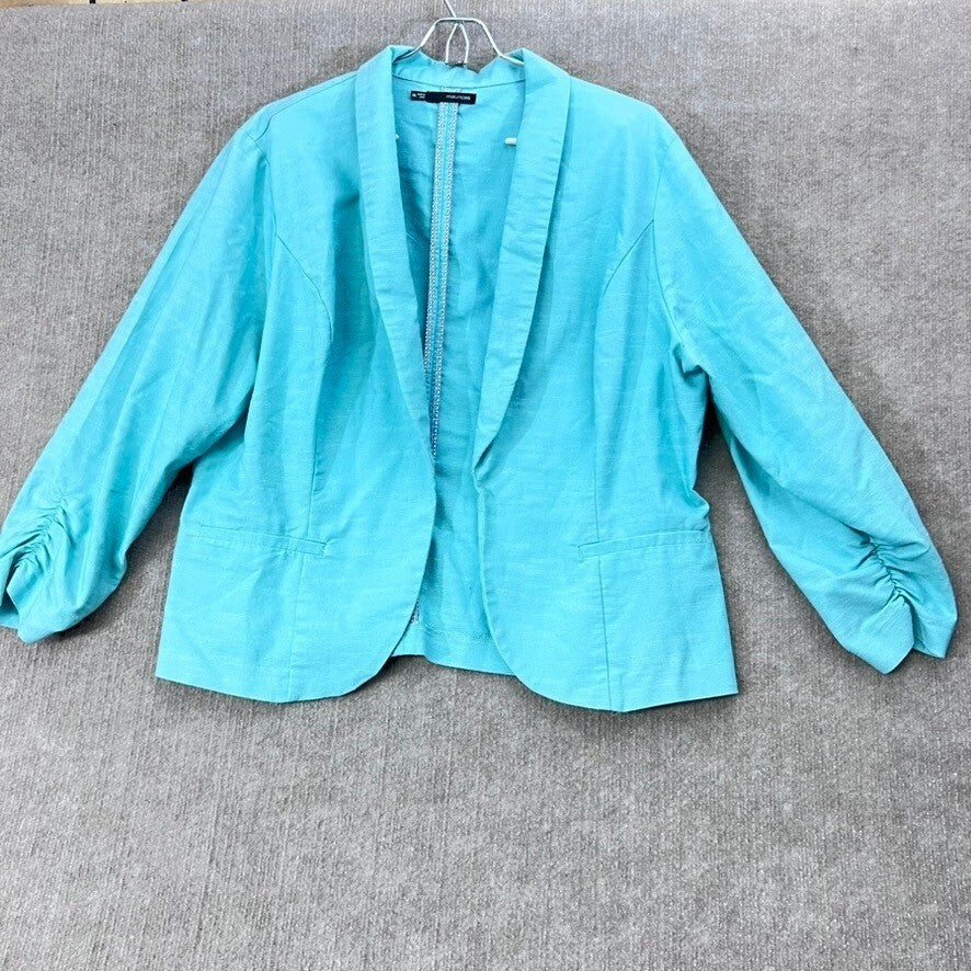 Maurices XXL Blue Open Front Blazer Ruched 3/4 Sleeve Cotton Blend
