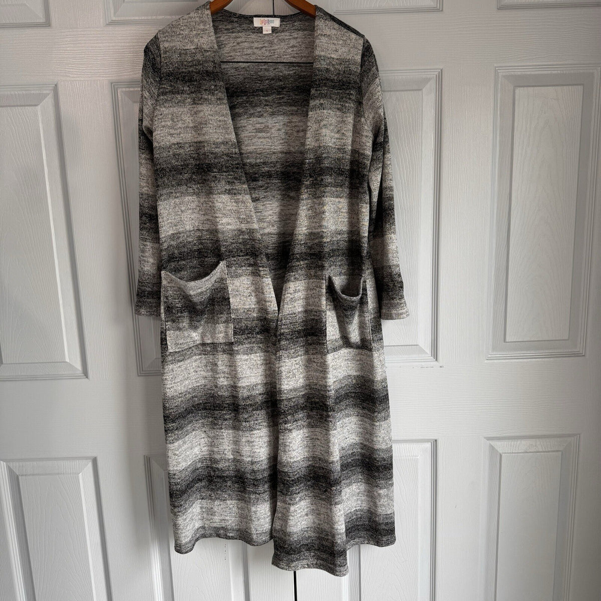 Lularoe Size S Sarah Duster | Boho Cozy Cocoon Coat | Patch Pockets Grey Stripe