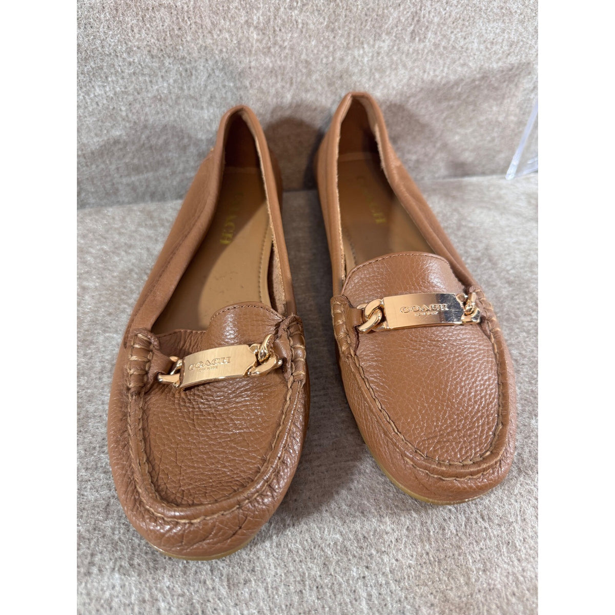 Coach Olive Loafers Women 8B Brown Pebble Leather Gold Horsebit Driving Shoes