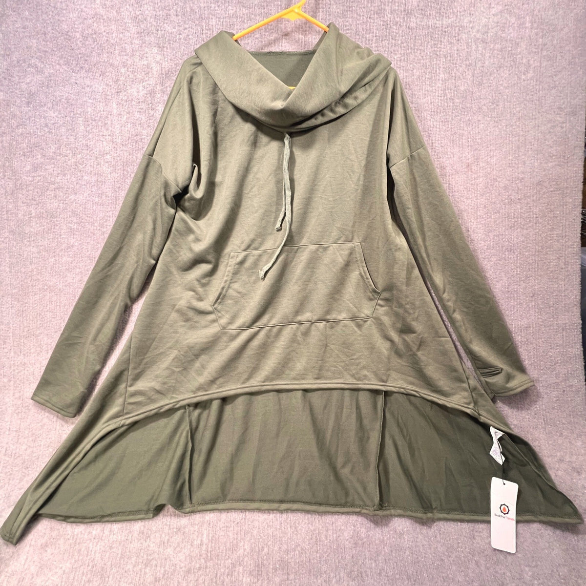 Buddha Trends Olive Green Cowl Neck High Low Tunic Top Hooded Size TX