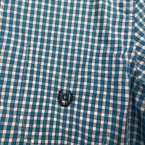 Chaps Mens Medium Button Down Short Sleeve Plaid Casual Shirt Blue Green