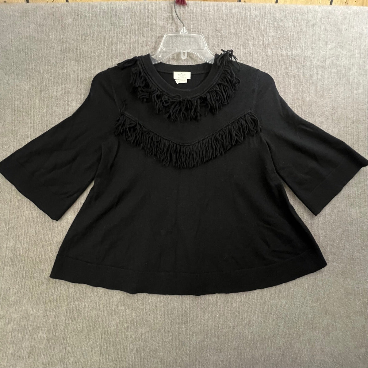 Kate Spade New York Black Fringe Trim Bell Sleeve Knit Top Size Small