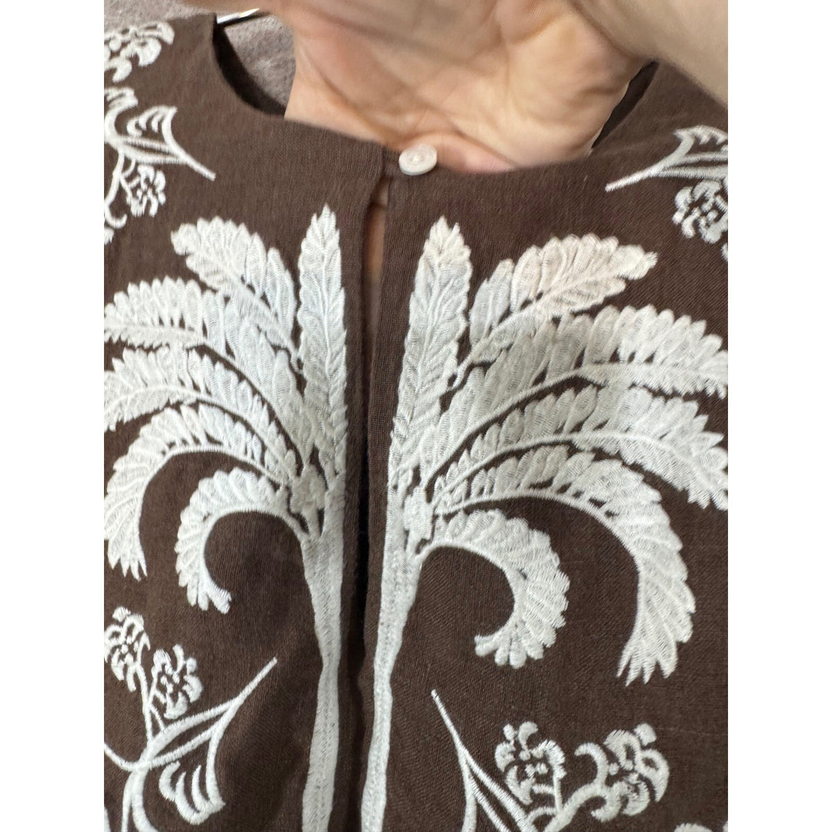 J McLaughlin Ubud Dress Womens S Brown Linen Embroidered Palm Leaf Tunic