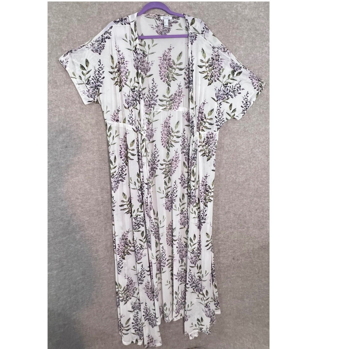 ReVamped Floral Mesh Kimono Cardigan Large White Purple Sheer Boho Romantic