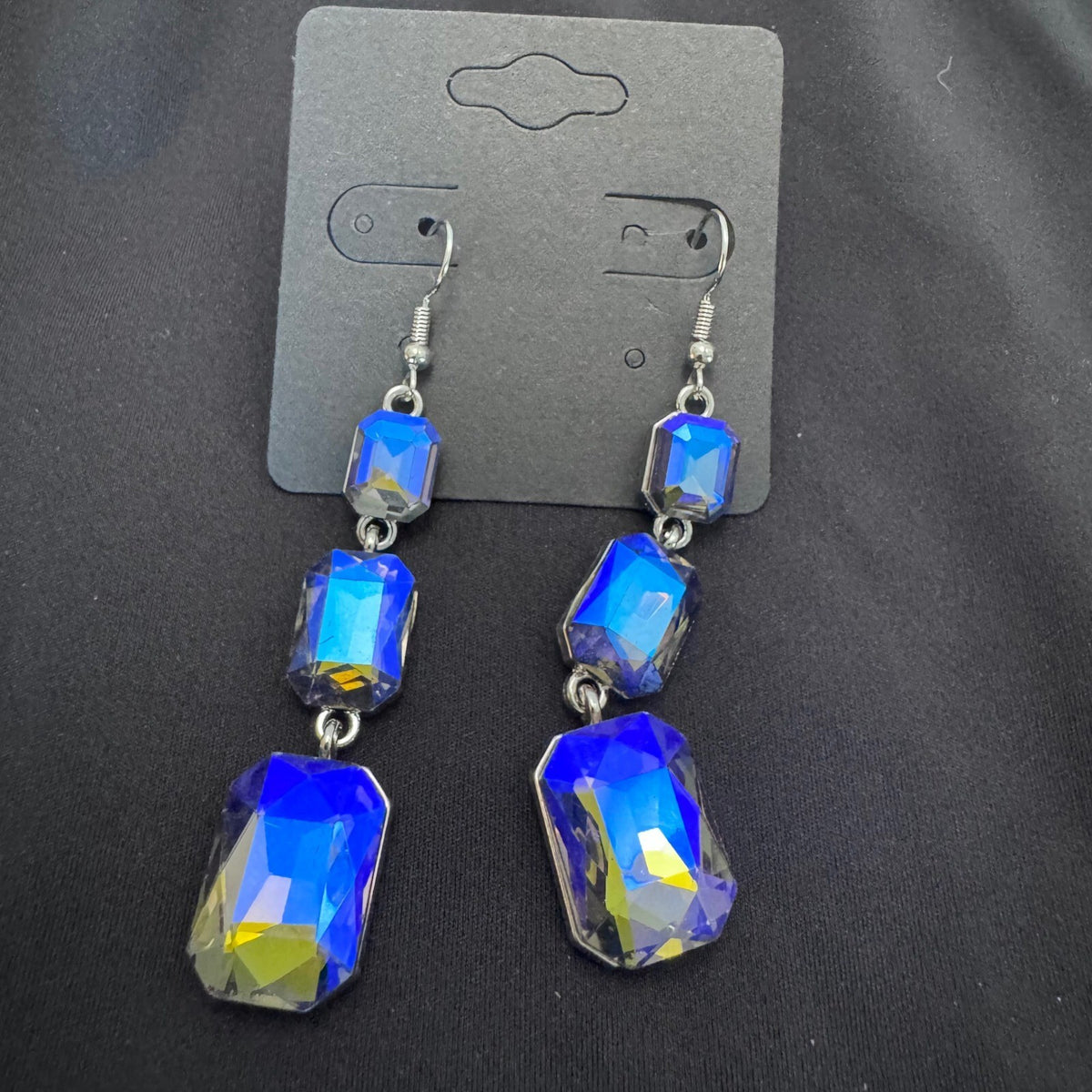 Dangle Drop Earrings Blue Aurora Borealis AB Silver Tone Costume