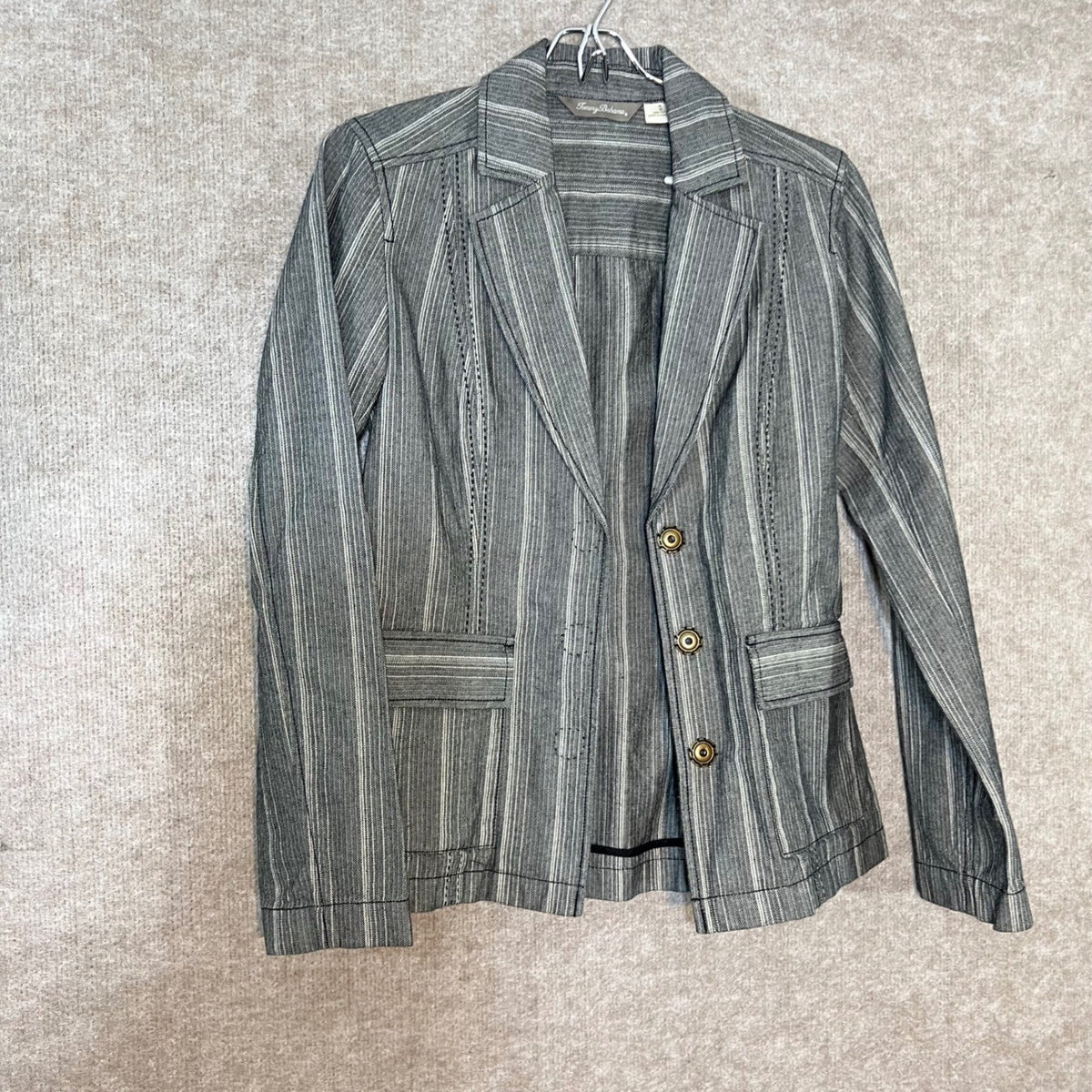 Tommy Bahama Blazer Jacket Womens XS Gray Striped Herringbone Cotton Coastal