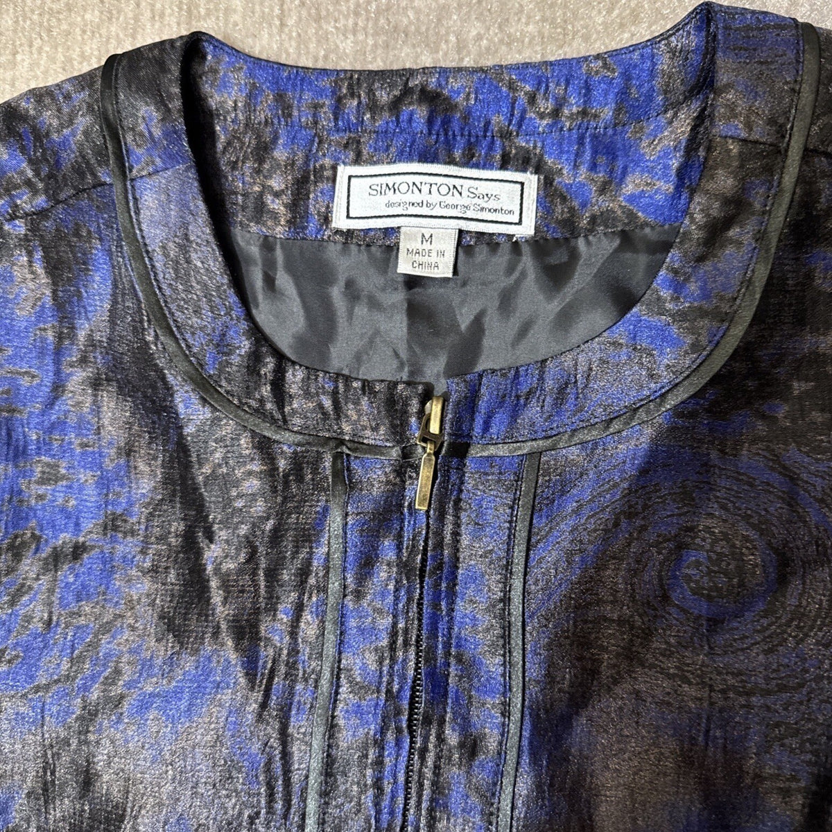 Simonton Says George Simonton Jacket Womens Medium Blue Black Paisley Zip Boho