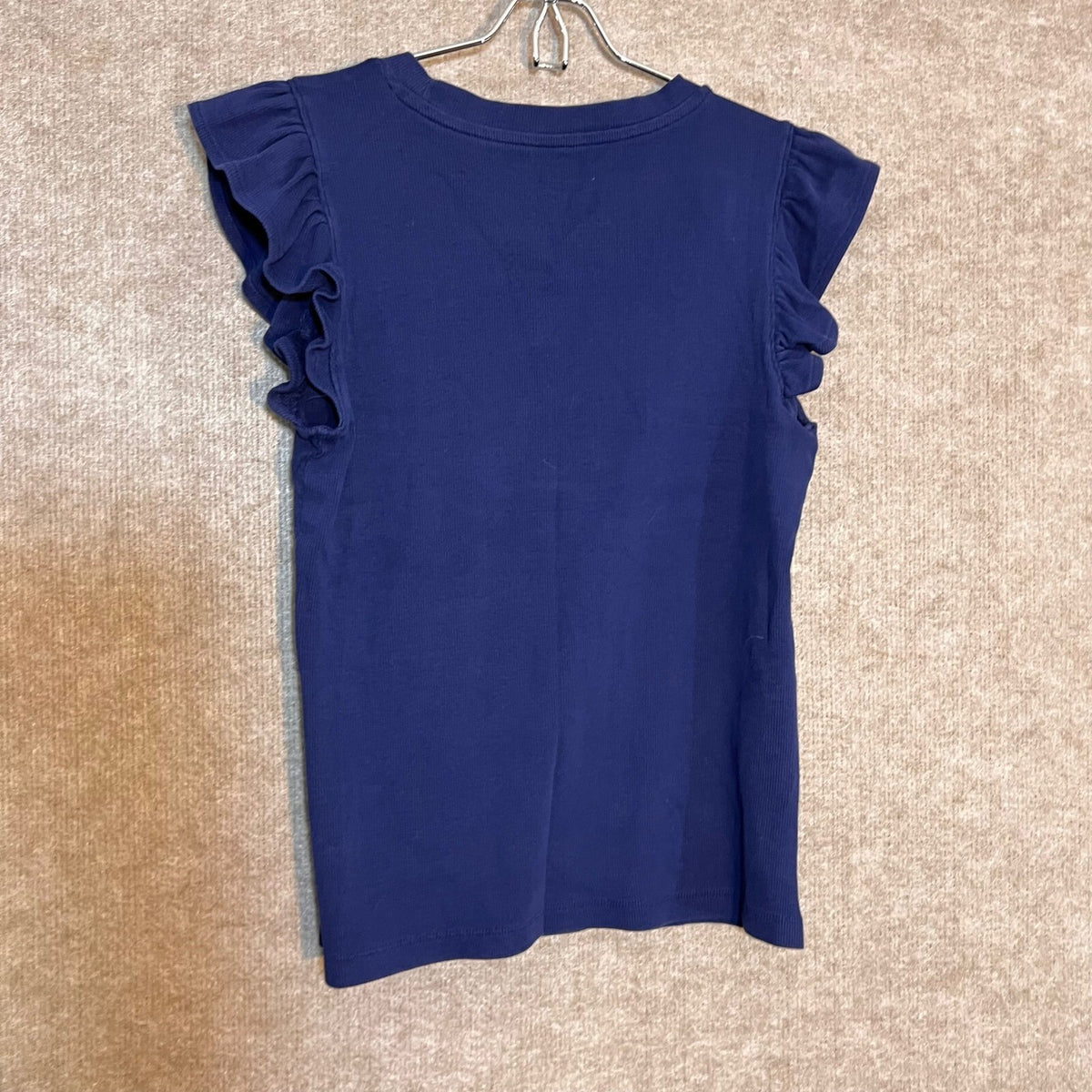Lands End Ruffle Sleeve T-Shirt Girls XS Navy Blue Ribbed Cotton Blend Preppy