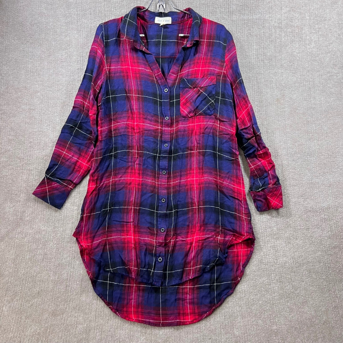 Cloth & Stone Plaid Button Down Long Sleeve Tunic Shirt Women's Size M Red Blue