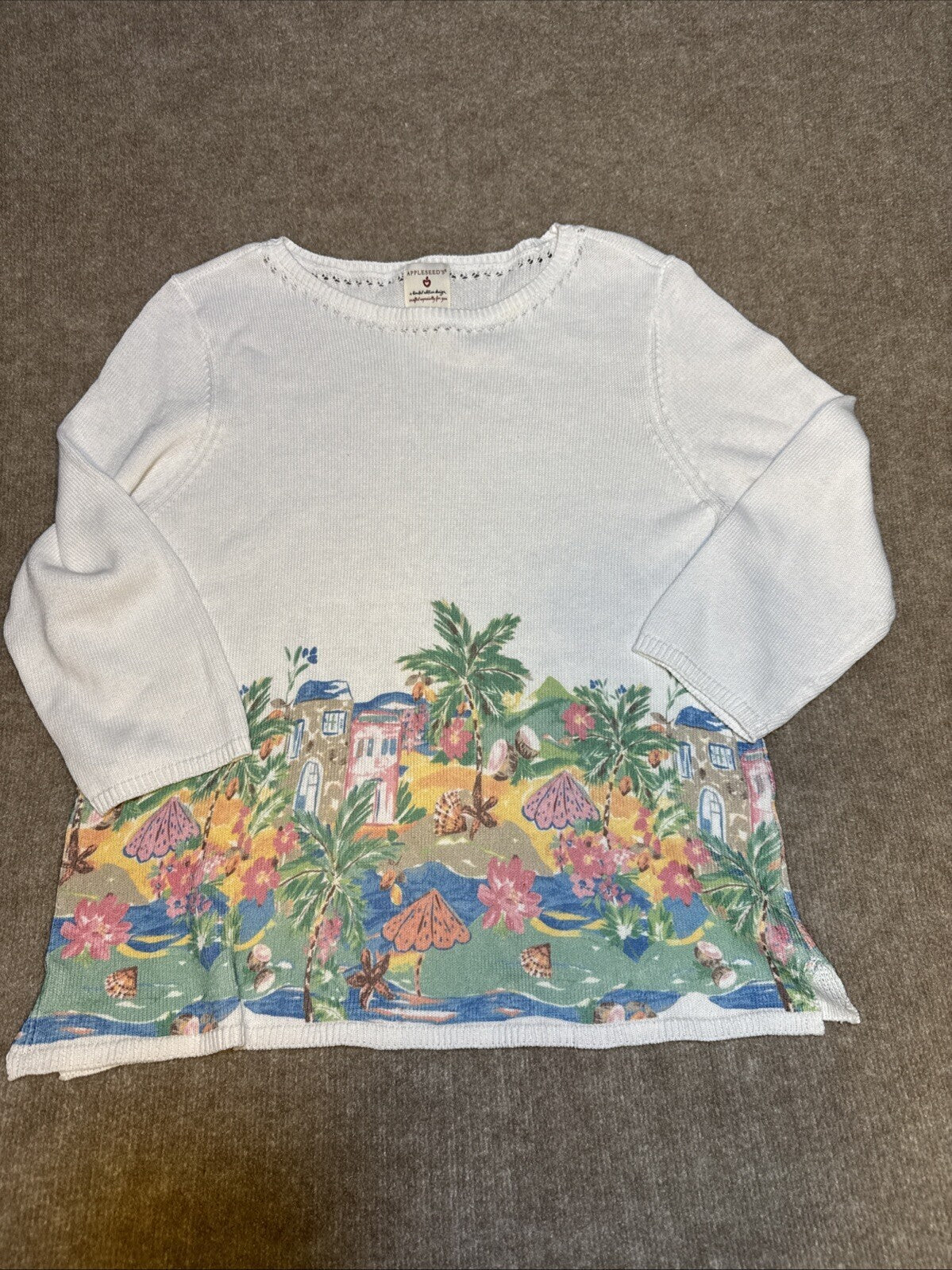 Appleseed's Sweater Tropical Art to Wear Women Med 3/4 sleeve Beachy Cruise