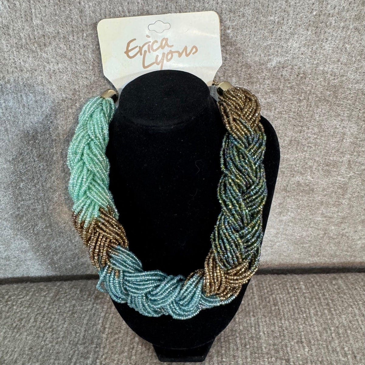 Erica Lyons Multi Strand Seed Bead Braided Necklace Blue Green Gold Tone Boho