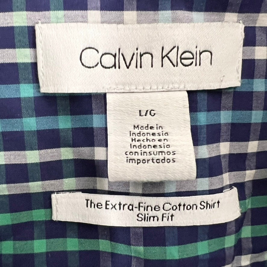 Calvin Klein Mens Large Green Blue Plaid Slim Fit Extra Fine Cotton Shirt