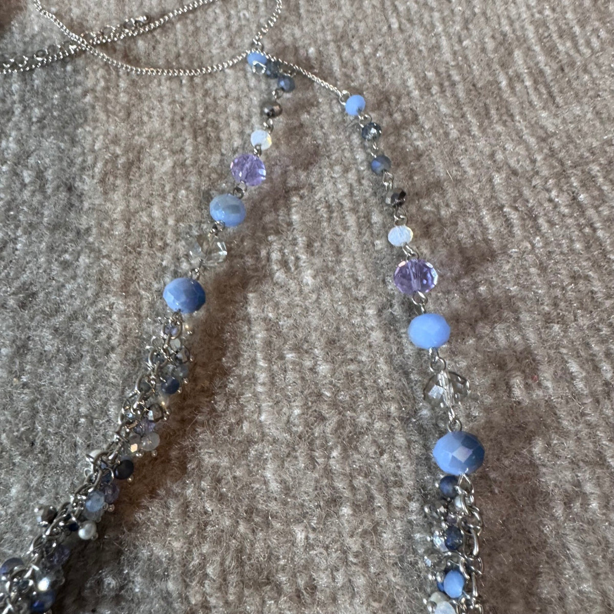 Silver Tone Fringe Statement Necklace Blue Beaded Waterfall Boho Evening