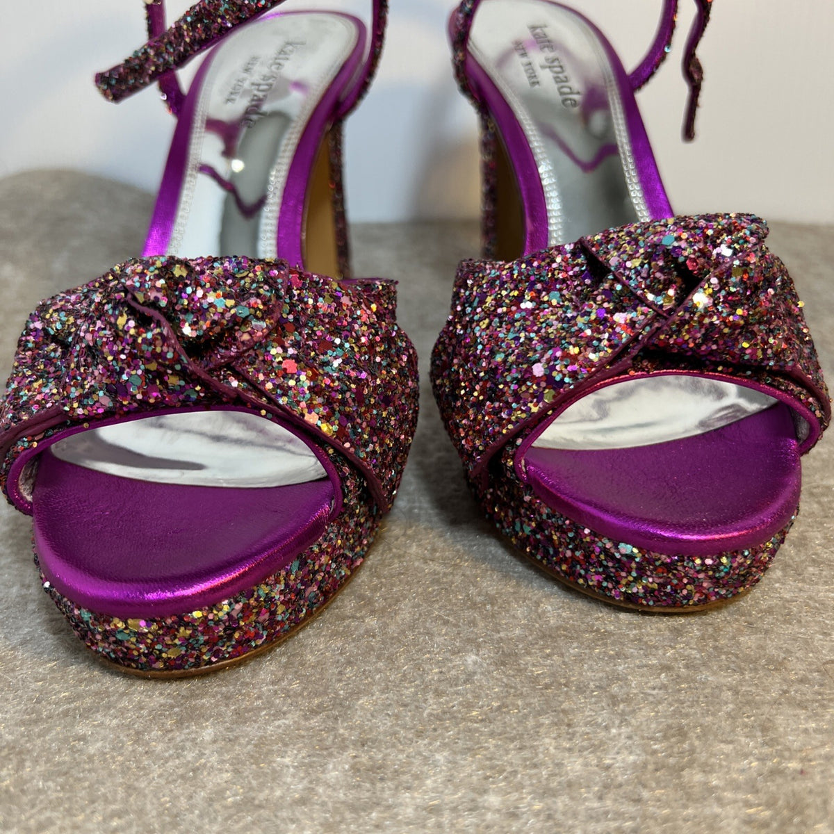 Kate Spade Rainbow Glitter Bow Miya Platform Open Toe Heels Size 9B NWOT