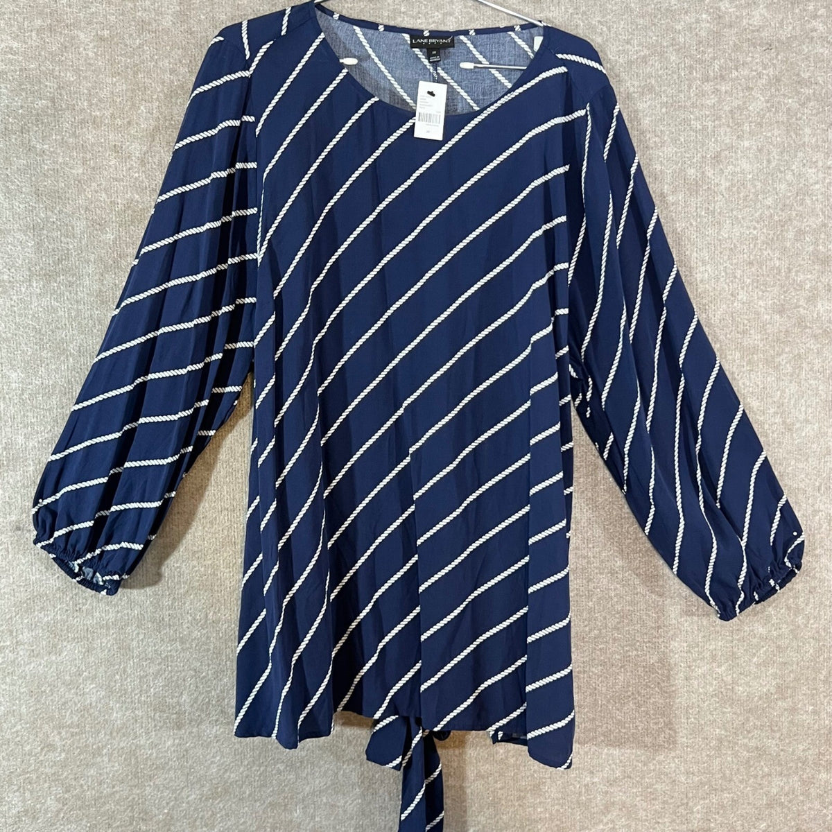 Lane Bryant Blouse Womens 20 Navy Rope Stripe Tie Back Long Sleeve NWT