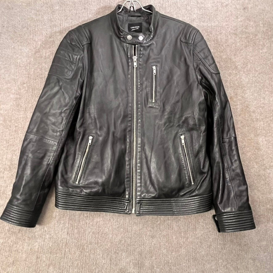 Lamarque Leather Jacket Men L Black Full Zip Moto Biker Bomber Quilted Liner