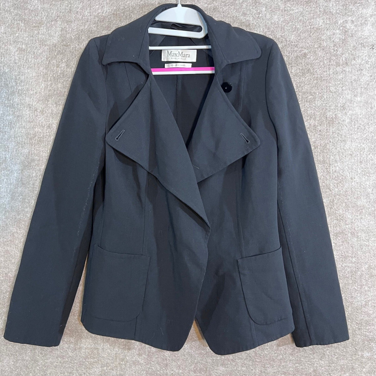 Max Mara Jacket Womens 8 Black Virgin Wool Hand Sewn Asymmetric Office Chic