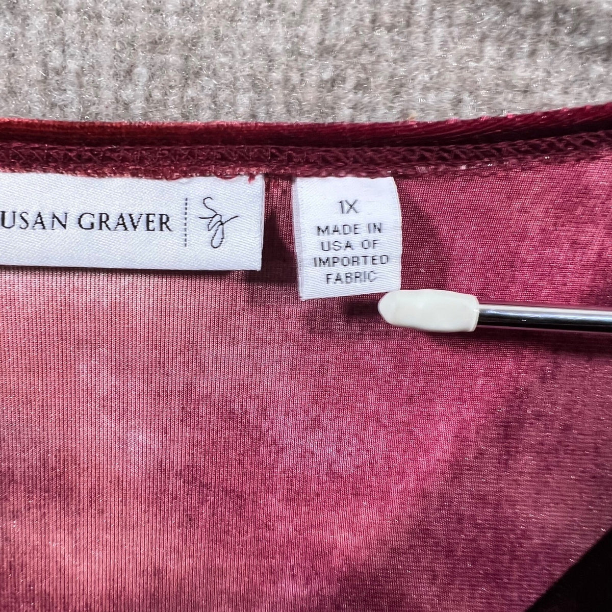 Susan Graver Burgundy Red Black Tie Dye Velvet Long Sleeve Top Shirt 1X