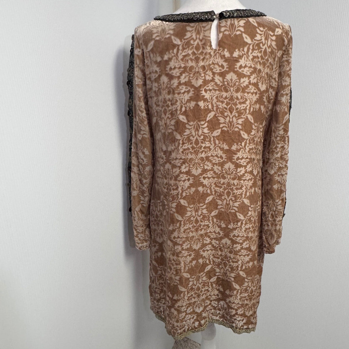Vintage Velvet Damask Sundance Shift Dress Womens 6 Beaded Trim Long Sleeve Boho