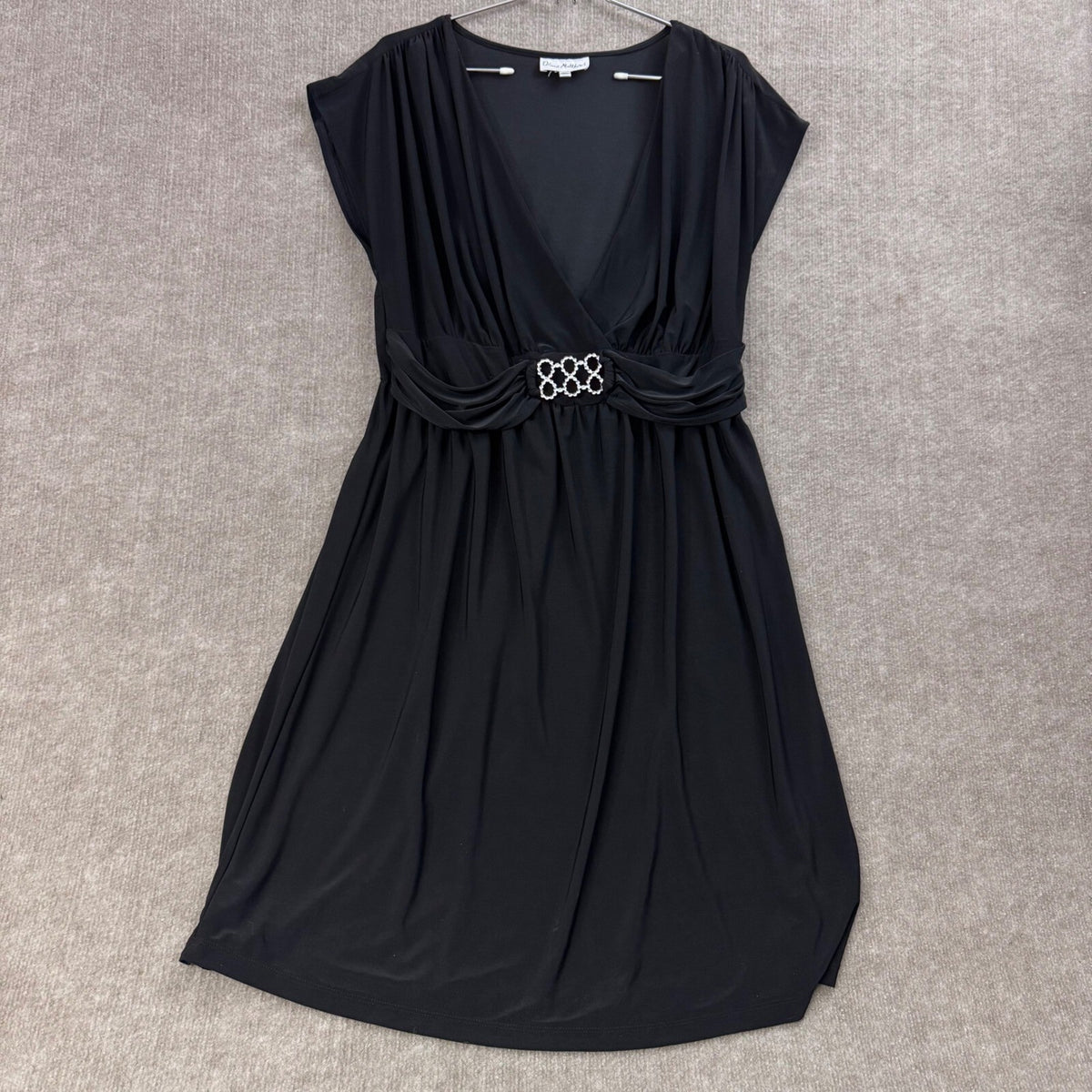 Olivia Matthews Black Embellished V Neck Ruched Waist Cap Sleeve Dress 2X