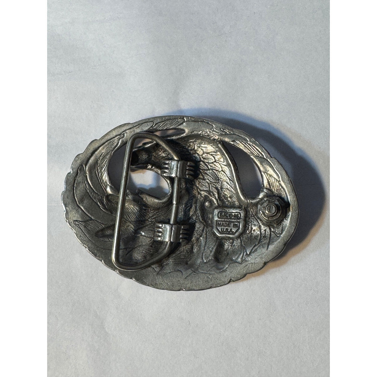 Vintage 1995 EJC Pewter Bald Eagle Belt Buckle Diamond Cut Black Enamel USA.