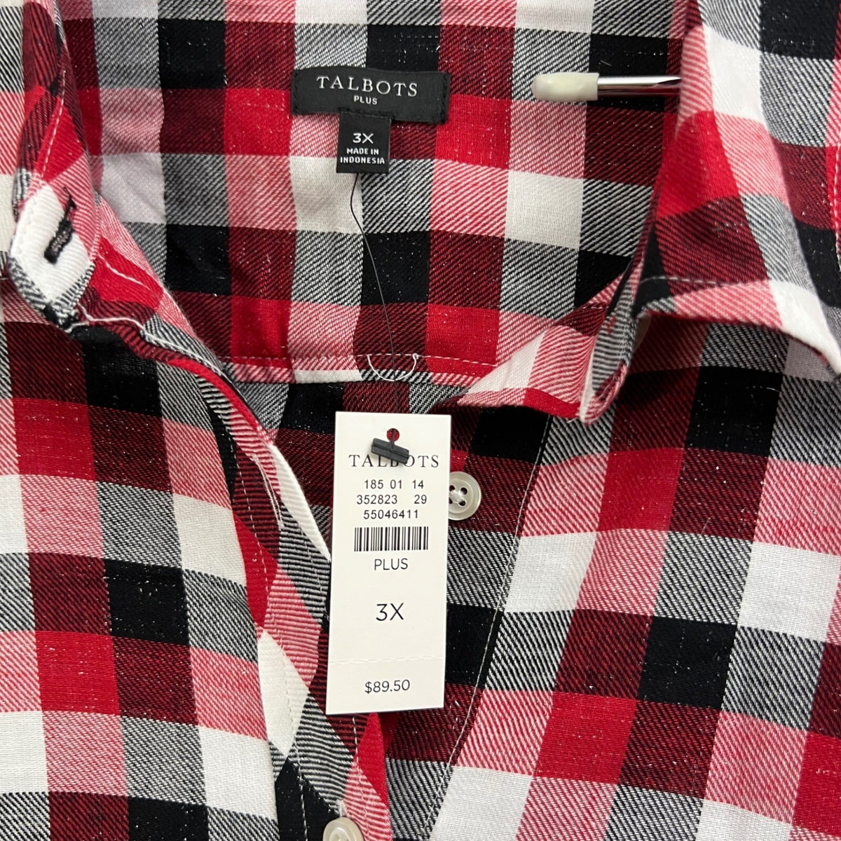 NWT Talbots Plus Size 3X Red Black White Plaid Sparkle Button Down Shirt Top